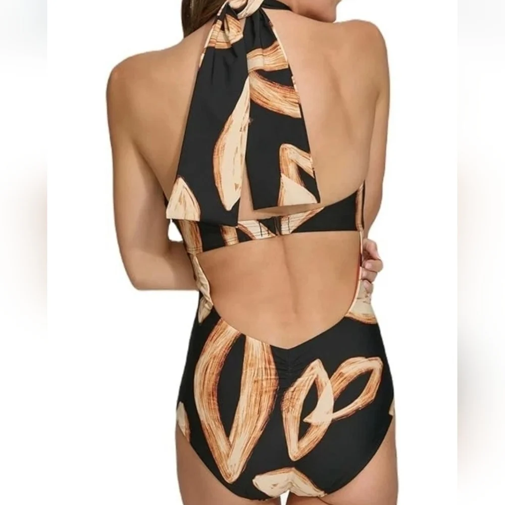 DKNY Black and Tan One Piece with Strappy Design, LARGE - Picture 3 of 7